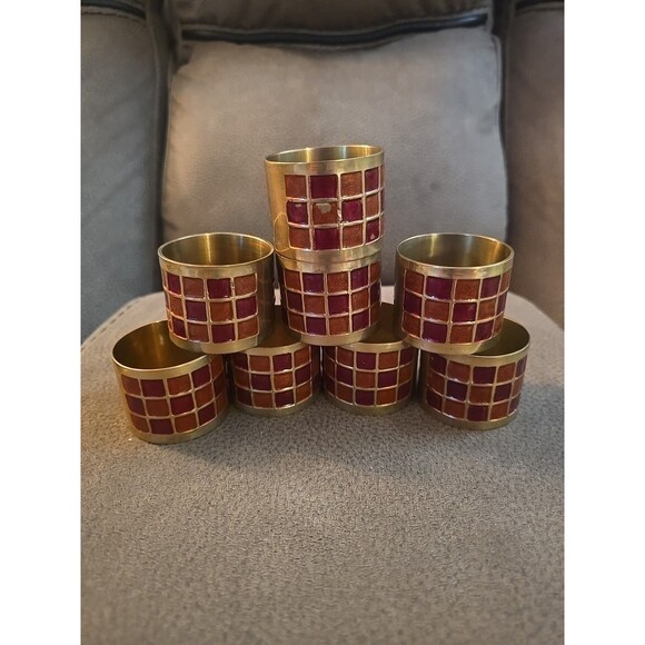 Pier 1 Brass Inlaid Enamel Red Napkin Rings 8 Pcs - Picture 1 of 5